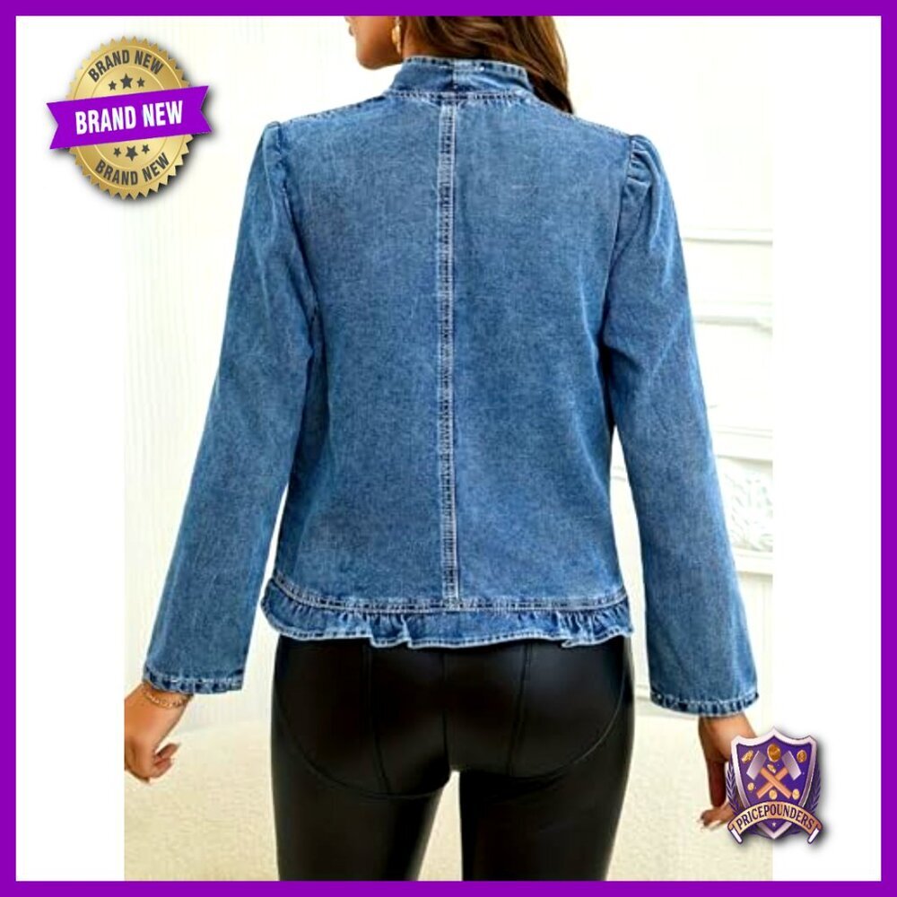 Ruffled Denim Jacket Cropped Open Front Long Sleeve Chic Y2K Trendy - Picture 4 of 5